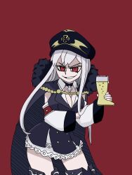 Rule 34 | absurdres, aiguillette, alcohol, armband, beer, beer boot, beer glass, black choker, boots, breasts, choker, cleavage, coat, cross, cross choker, fur-trimmed coat, fur trim, german clothes, girls&#039; frontline, grin, hat, helltaker, highres, holding own arm, iron cross, jacket, jacket on shoulders, kalpa1405, kar98k (girls&#039; frontline), layered skirt, long hair, lucifer (helltaker), military hat, peaked cap, red background, red eyes, simple background, skirt, smile, thigh boots, thighs, very long hair, white hair