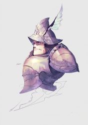 Rule 34 | 1boy, adelbert steiner, armor, breastplate, chainmail, final fantasy, final fantasy ix, grey background, hat feather, helmet, highres, knight, looking to the side, male focus, mature male, plate armor, shade, shoulder armor, signature, solo, upper body, yasushi hasegawa