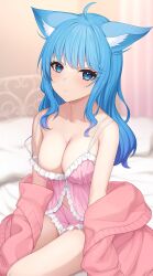 Rule 34 | 1girl, ahoge, animal ear fluff, animal ears, babydoll, blue eyes, blue hair, blurry, blurry background, blush, breasts, cardigan, cardigan partially removed, closed mouth, commentary, dog ears, dog girl, frilled babydoll, frilled shorts, frills, highres, indoors, large breasts, long hair, looking at viewer, nanashi inc., nishino eri, off shoulder, on bed, open cardigan, open clothes, pillow, pink babydoll, pink cardigan, pink shorts, shorts, sitting, sleepwear, solo, souya ichika, symbol-only commentary, virtual youtuber