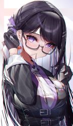 Rule 34 | 1girl, absurdres, belt, black belt, black hair, copyright request, glasses, hair ornament, hair ribbon, hairclip, highres, long hair, long sleeves, looking at viewer, lumium, purple eyes, ribbon, simple background, solo, upper body, virtual youtuber, white background