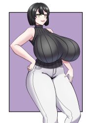 Rule 34 | 1girl, breasts, codeorange162, cowboy shot, female focus, highres, huge breasts, open mouth, pale skin, purple background, shiny skin, sleeveless, smile, solo, standing, taut clothes, thick thighs, thighs, turtleneck, yellow eyes