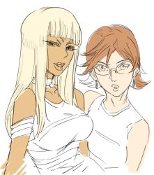 Rule 34 | 2girls, bb (baalbuddy), blonde hair, breasts, brown hair, character request, choker, copyright request, dark-skinned female, dark skin, female focus, flat color, glasses, long hair, multiple girls, parted lips, partially colored, short hair, sketch, source request, upper body, white background