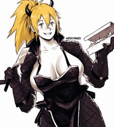 Rule 34 | 1girl, artist name, black dress, black gloves, black jacket, blonde hair, box, breasts, cleavage, commentary, dorohedoro, dress, gloves, highres, holding, holding box, holding knife, horns, jacket, knife, large breasts, medium hair, miss faves, nikaidou (dorohedoro), open mouth, ponytail, simple background, smile, solo, standing, teeth, twitter username, upper teeth only, white background, yellow eyes