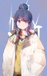 Rule 34 | 1girl, absurdres, blue background, blue hair, blue sailor collar, blush, closed mouth, coat, cowboy shot, hair bun, hair over eyes, hands in pockets, highres, long hair, looking at viewer, maegami (daisuki oekaki1), multicolored clothes, multicolored scarf, purple eyes, sailor collar, scarf, shima rin, solo, sweater, white coat, wind turbine, windmill, yellow sweater, yurucamp
