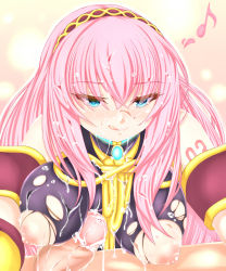 Rule 34 | 1girl, :q, bad id, bad pixiv id, blue eyes, breasts, calcio, censored, cum, cum on body, cum on breasts, cum on hair, cum on upper body, highres, megurine luka, musical note, naughty face, nipples, paizuri, paizuri over clothes, penis, pink hair, solo focus, tongue, tongue out, torn clothes, vocaloid