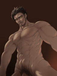 Rule 34 | 1boy, abs, beard, black hair, convenient censoring, dracule mihawk, facial hair, highres, looking at viewer, looking down, male focus, muscular, muscular arms, muscular male, nipples, nude, one piece, pectorals, solo, yellow eyes