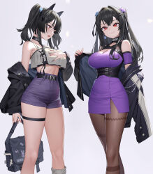 Rule 34 | 2girls, absurdres, animal ears, bag, bare shoulders, belt, black bag, black belt, black hair, black jacket, black pantyhose, breast envy, breasts, chest strap, cleavage, closed mouth, crop top, crossed bangs, dress, fake animal ears, fingernails, grey background, hair intakes, hair ornament, hairclip, hand on own chest, high-waist shorts, highres, holding, holding bag, jacket, large breasts, legs, long fingernails, long hair, looking at another, looking at viewer, medium breasts, midriff, multiple girls, off shoulder, open clothes, open jacket, open mouth, original, pantyhose, pencil dress, pink nails, purple dress, purple shorts, red eyes, short dress, short shorts, shorts, simple background, sleeveless, smile, socks, star (symbol), star hair ornament, tank top, text print, thigh strap, thighs, turtleneck, twintails, two side up, underboob, underbust, white socks, white tank top, xzu