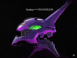 Rule 34 | black background, character name, crossover, dunbine, eva 01, fmu, from side, green eyes, head only, horns, looking ahead, mecha, neon genesis evangelion, no humans, robot, science fiction, seisenshi dunbine, single horn