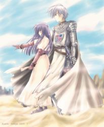 Rule 34 | 1boy, 1girl, acolyte (ragnarok online), armor, armored boots, artist name, belt, black pantyhose, blue sky, boots, brown belt, brown cape, brown pants, brown shirt, cape, capelet, chainmail, closed mouth, commentary request, dated, day, desert, emblem, full body, gauntlets, knight (ragnarok online), long hair, looking to the side, outdoors, pants, pantyhose, pauldrons, purple eyes, purple hair, ragnarok online, scabbard, sheath, shirt, shoes, short hair, shoulder armor, skirt, sky, standing, suruga kasune, sword, tabard, weapon, white capelet, white hair, white skirt