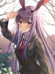 Rule 34 | 1girl, animal ears, arm up, banned artist, black jacket, blush, branch, breasts, buttons, closed mouth, collar, collared jacket, collared shirt, crescent, hair between eyes, hand up, highres, jacket, leaf, long hair, long sleeves, looking at viewer, medium breasts, necktie, pink eyes, pink skirt, purple hair, purple skirt, rabbit ears, red necktie, reisen udongein inaba, shirt, skirt, sky, solo, teeth, touhou, tree, white shirt, white sky, yuuka nonoko
