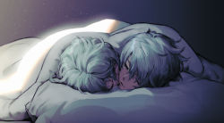 Rule 34 | 1boy, 1girl, blanket, closed eyes, commentary request, gradient background, green hair, hair between eyes, hetero, highres, light, looking at another, lying, natto soup, one eye closed, pandoria (xenoblade), pillow, purple background, short hair, sleeping, under covers, xenoblade chronicles (series), xenoblade chronicles 2, zeke von genbu (xenoblade)