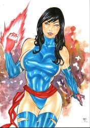 Rule 34 | 1girl, adapted costume, artist request, black hair, blue leotard, breasts, curvy, energy blade, glowing, glowing hand, highleg, highleg leotard, highres, large breasts, leotard, lips, long hair, looking at viewer, marvel, psylocke, red sash, sash, shiny skin, skindentation, smile, solo, thong leotard, very long hair, weapon, wide hips, x-men