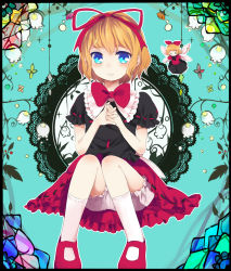 Rule 34 | 1girl, blonde hair, bloomers, blue eyes, bow, doily, dress, flower, hachimitsu ame (phoenix), hair bow, hair ribbon, highres, lily of the valley, mary janes, medicine melancholy, ribbon, shoes, short hair, skirt, smile, solo, su-san, touhou, underwear, wings
