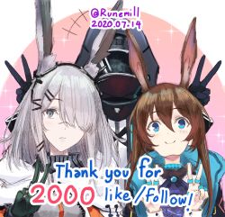 Rule 34 | +++, 1other, 2girls, amiya (arknights), animal ears, arknights, black gloves, blue eyes, brown hair, closed mouth, commentary, covered face, dated, doctor (arknights), double v, english commentary, fingernails, frostnova (arknights), gloves, green gloves, grey eyes, grey hair, hair over one eye, highres, jewelry, long hair, looking at viewer, milestone celebration, multiple girls, multiple rings, one eye covered, rabbit ears, ring, runemill, sanpaku, scar, scar on face, scar on nose, sidelocks, smile, thank you, twitter username, v