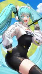 Rule 34 | 1girl, :d, absurdres, aqua eyes, aqua hair, asymmetrical bodysuit, black bodysuit, black gloves, black thighhighs, bodysuit, braco, braid, breasts, bright pupils, clothes writing, cloud, commentary, covered navel, cropped jacket, day, diamond-shaped pupils, diamond (shape), flag, gloves, grey gloves, hand on own hip, hatsune miku, highres, hip focus, holding, holding flag, jacket, long hair, long sleeves, looking at viewer, medium breasts, multicolored clothes, multicolored gloves, narrow waist, open mouth, outdoors, racing miku, racing miku (2022), sidelocks, single braid, skin tight, sky, smile, solo, standing, symbol-shaped pupils, teeth, thighhighs, thighs, twintails, upper teeth only, v-shaped eyebrows, very long hair, vocaloid, white jacket, white pupils, wide hips