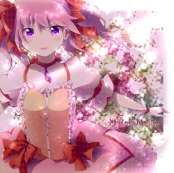 Rule 34 | 10s, 1girl, blush, bow, choker, gloves, hair bow, jewelry, kaname madoka, mahou shoujo madoka magica, mahou shoujo madoka magica (anime), nya?, nyaa (nnekoron), pendant, pink eyes, pink hair, puffy sleeves, short twintails, skirt, solo, twintails
