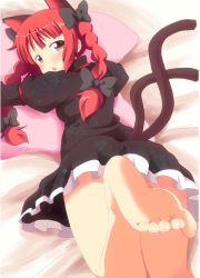 Rule 34 | 1girl, animal ears, barefoot, bed sheet, blush, braid, cat ears, cat girl, cat tail, dress, extra ears, feet, female focus, foot focus, kaenbyou rin, lying, massala, multiple tails, hugging object, on stomach, pillow, pillow hug, red eyes, red hair, ribbon, soles, solo, tail, toe scrunch, toenails, toes, touhou, twin braids, twintails
