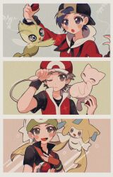 Rule 34 | 3boys, :o, adjusting clothes, adjusting headwear, antennae, arm up, backwards hat, baseball cap, black eyes, black hair, black hat, black shirt, black wristband, blush, blush stickers, brendan (pokemon), brown eyes, brown hair, celebi, closed mouth, creatures (company), ethan (pokemon), fingerless gloves, flying, game freak, gen 1 pokemon, gen 2 pokemon, gen 3 pokemon, gloves, hat, highres, holding, holding poke ball, hood, hood down, hooded jacket, jacket, jirachi, legendary pokemon, male focus, mew (pokemon), mikakami1e, multiple boys, mythical pokemon, nintendo, one eye closed, open mouth, orange gloves, poke ball, poke ball (basic), pokemon, pokemon (creature), pokemon emerald, pokemon frlg, pokemon hgss, pokemon rse, red (pokemon), red hat, red jacket, shirt, short hair, short sleeves, sweatdrop, tail, tanzaku, upper body, wristband