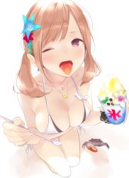Rule 34 | 1girl, ;o, ama mitsuki, bikini, blush, bracelet, breasts, brown hair, cleavage, crab, earrings, food, hair ornament, jewelry, kneehighs, kneeling, looking at viewer, medium breasts, necklace, one eye closed, open mouth, original, purple eyes, shaved ice, socks, solo, spoon straw, swimsuit, teeth, tongue, tongue out, twintails, white bikini