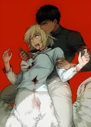 Rule 34 | 1boy, 1girl, arm grab, bad id, bad pixiv id, black hair, blonde hair, blood, blood from mouth, blood on arm, blood on clothes, blood on face, blood on hands, bloody weapon, blue eyes, blue shirt, bob cut, breasts, changye, chimera, collared shirt, cross-laced clothes, dagger, dark-skinned male, dark skin, dungeon meshi, falin touden, falin touden (chimera), feathered wings, fingernails, frown, furrowed brow, hand on another&#039;s arm, hands up, highres, holding, holding another&#039;s arm, holding dagger, holding knife, holding weapon, injury, kabru, knife, large breasts, long sleeves, looking at another, monster girl, open mouth, pants, profile, red background, reverse grip, riding, scar, scar on arm, serious, shaded face, sharp fingernails, shirt, short hair, simple background, spoilers, stab, surprised, taur, torn clothes, torn sleeves, turtleneck, w arms, weapon, white pants, wide-eyed, wings, yellow eyes
