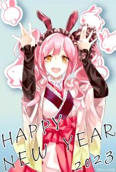 Rule 34 | 1girl, 2023, \||/, animal ears, black hairband, black ribbon, blue background, breasts, brown eyes, chinese zodiac, fake animal ears, hair ribbon, hairband, happy new year, highres, japanese clothes, kimono, lolita hairband, looking at viewer, macross, macross delta, makina nakajima, medium breasts, medium hair, new year, open mouth, pink hair, rabbit ears, ribbon, s.m.-chan., smile, solo, twintails, white kimono, year of the rabbit