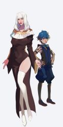 Rule 34 | 1boy, 1girl, absurdres, armband, bad id, bad twitter id, black robe, black vest, blue eyes, blue hair, blue neckwear, blue thighhighs, blue vest, bow, bowtie, breasts, brown footwear, collared shirt, ennuigrl, fate/extra, fate/extra ccc, fate (series), gold, grey thighhighs, habit, hands on own hips, hans christian andersen (fate), high heels, highres, huge breasts, jewelry, necklace, nun, pantyhose, puffy shorts, puffy sleeves, robe, sessyoin kiara, shirt, shoelaces, shorts, side slit, smile, striped clothes, striped shirt, thighhighs, vertical-striped clothes, vertical-striped shirt, vest, white footwear, white thighhighs, yellow eyes