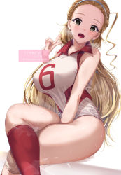 Rule 34 | 1girl, :d, ahoge, amasora taichi, between legs, blonde hair, blush, bottomless, breasts, covered erect nipples, crossed legs, dated, feet out of frame, forehead, girls und panzer, green eyes, grey hairband, hairband, hand between legs, knee pads, kneehighs, large breasts, long hair, looking at viewer, open mouth, red socks, sasaki akebi, shirt, sleeveless, sleeveless shirt, smile, socks, solo, sportswear, steaming body, sweat, thick thighs, thighs, twitter username, v, very long hair, volleyball uniform, white shirt