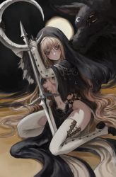 Rule 34 | 1girl, absurdres, black dress, blonde hair, breasts, crescent, dress, gloves, gold can, grey eyes, habit, highres, holding, holding staff, long hair, long sleeves, looking at viewer, medium breasts, moon, nun, open clothes, original, sitting, solo, staff, sword, thighhighs, very long hair, wariza, weapon, white thighhighs