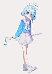 Rule 34 | 1girl, absurdres, arona (blue archive), blue archive, blue eyes, blue hair, blue shirt, bow, bow hairband, bowtie, choker, closed mouth, colored inner hair, full body, grey background, hair over one eye, hairband, halo, highres, holding, holding umbrella, looking at viewer, medium hair, multicolored hair, sailor collar, shirt, shoes, simple background, skirt, smile, sneakers, solo, umbrella, wading, white footwear, white skirt, yoon cook