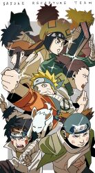 1girl 6+boys absurdres akamaru_(naruto) akimichi_chouji bandaged_arm bandages black_hair black_pants blonde_hair blue_eyes border brown_hair byakugan dog earrings facial_mark forehead_protector fur-trimmed_hood fur-trimmed_jacket fur_trim gaara_(naruto) grey_background grey_jacket highres hood hood_up hyuuga_neji inuzuka_kiba jacket jewelry kankurou_(naruto) konohagakure_shinobi_uniform konohagakure_symbol male_focus multiple_boys nara_shikamaru naruto naruto_(series) open_mouth orange_jacket pants pnpk_1013 ponytail red_hair rock_lee scarf shirt simple_background sparkle spiked_hair temari_(naruto) thick_eyebrows two-tone_background uzumaki_naruto whisker_markings white_border white_scarf white_shirt