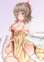 Rule 34 | 1girl, bare shoulders, bed sheet, blue eyes, blush, bow, breasts, brown hair, brown kimono, cleavage, closed mouth, collarbone, commentary request, hair between eyes, hair bow, hatakaze (kancolle), head tilt, japanese clothes, kantai collection, kimono, long sleeves, medium breasts, naked kimono, off shoulder, open clothes, open kimono, pillow, ponytail, red bow, ringlets, sitting, smile, solo, undressing, wariza, wide sleeves, yukishiro arte
