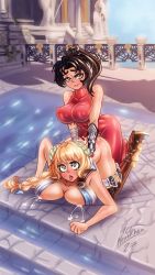 Rule 34 | 2girls, ahegao, blonde hair, blue eyes, boots, braid, breasts, brown eyes, brown hair, covered erect nipples, cum, futa with female, futanari, high heel boots, high heels, highres, lactation, large breasts, long hair, multiple girls, nenerhea, nipples, open mouth, ponytail, sex, sex from behind, sophitia alexandra, soul calibur, taki (soulcalibur), tongue, tongue out
