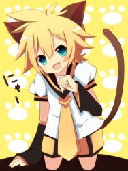 Rule 34 | 1boy, animal ears, blonde hair, blue eyes, brown sailor collar, cat boy, cat ears, cat tail, detached sleeves, hand on ground, happy, highres, kagamine len, kneeling, male focus, meranoreuka (naokentak), necktie, open mouth, patterned background, paw pose, puffy short sleeves, puffy sleeves, sailor collar, school uniform, shirt, short hair, short sleeves, shorts, smile, solo, tail, translated, vocaloid, white shirt, yellow background, yellow necktie