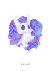 Rule 34 | 1other, absurdres, bad id, bad twitter id, blade, blue flower, blue rose, bug, character name, cloak, flower, fortisselle, full body, highres, hollow eyes, hollow knight, knight (hollow knight), rose, solo, white background