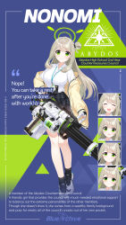 Rule 34 | 1girl, 9ml, absurdres, ammunition belt, ammunition box, blue archive, breasts, character name, character sheet, commentary, fingerless gloves, full body, gatling gun, gloves, green eyes, grey hair, halo, highres, id card, jacket, large breasts, minigun, nonomi (blue archive), official art, open clothes, open jacket, school uniform, shoes, sneakers, socks, solo
