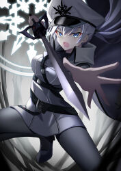 Rule 34 | 1girl, absurdres, arm up, belt, black belt, black footwear, black pantyhose, blue eyes, breasts, cape, commentary, dress, english commentary, floating cape, floating hair, foot out of frame, glyph, grey background, hair between eyes, hair tie, hand up, hat, high heels, highres, holding, holding sword, holding weapon, incoming attack, jiseki rena, large breasts, long hair, long sleeves, looking at viewer, military, military hat, military uniform, multiple belts, myrtenaster, official alternate costume, open hand, open mouth, outstretched arm, pantyhose, ponytail, reaching, reaching towards viewer, rwby, rwby ice queendom, sanpaku, scar, scar across eye, sidelighting, sidelocks, sleeves past wrists, snowflake background, snowflake hat ornament, solo, squatting, sword, tiptoes, tongue, uniform, v-shaped eyebrows, weapon, weiss schnee, white cape, white dress, white hair, white hat
