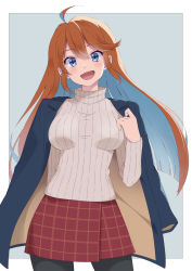 Rule 34 | 1girl, :d, ahoge, black pantyhose, blue eyes, border, breasts, colored inner hair, commission, commissioner upload, cowboy shot, hair between eyes, hand up, highres, jacket, jacket on shoulders, large breasts, long hair, long sleeves, looking at viewer, mawaru33, multicolored hair, open mouth, orange hair, original, outside border, pantyhose, plaid, plaid skirt, ribbed sweater, sidelocks, skirt, smile, solo, sweater, turtleneck, winter clothes