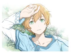 Rule 34 | 1boy, blonde hair, blue shirt, collarbone, eugeo, from above, green eyes, highres, layered sleeves, long sleeves, looking at viewer, lying, male focus, on back, parted lips, shirt, short over long sleeves, short sleeves, solo, sword art online, white background, white sleeves, yamada koutarou
