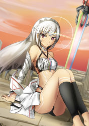 Rule 34 | 1girl, absurdres, altera (fate), arm support, barefoot, dark skin, dark-skinned female, detached sleeves, fate/grand order, fate (series), highres, long hair, photon ray (fate), red eyes, silver hair, solo, sudhiro sappurisa, sword, thighs, weapon