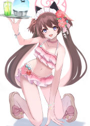 Rule 34 | absurdres, animal ears, arm up, bikini, blue archive, brown hair, cup, drinking glass, flower, food, frilled bikini, frills, hair flower, hair ornament, halo, highres, holding, holding tray, it ai, kneeling, long hair, maid headdress, platform footwear, purple eyes, sandals, shaved ice, shizuko (blue archive), shizuko (swimsuit) (blue archive), simple background, swimsuit, tray, two side up, white background