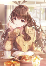 Rule 34 | 1girl, book, brown eyes, brown hair, cake, commentary request, cup, earrings, food, indoors, jacket, jewelry, kagachi saku, long hair, long sleeves, looking at viewer, original, parted lips, signature, smile, solo, yellow jacket