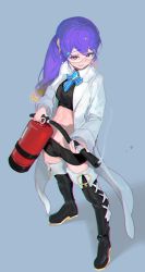 Rule 34 | 1girl, absurdres, black footwear, black shirt, black shorts, blonde hair, blue background, blue bow, boots, bow, chromatic aberration, coat, crop top, earrings, fire extinguisher, full body, goggles, gradient eyes, gradient hair, hair between eyes, highres, hololive, hololive indonesia, jewelry, lab coat, long hair, midriff, moona hoshinova, multicolored eyes, multicolored hair, nail polish, old metal 666, open clothes, open coat, open mouth, orange eyes, ponytail, purple eyes, purple hair, purple nails, shirt, short shorts, shorts, smile, smug, solo, standing, thigh boots, thighhighs, two-tone hair, virtual youtuber, white coat, zipper pull tab