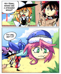 Rule 34 | 2koma, 3girls, :t, animal hat, apron, beach, blonde hair, blue shirt, bow, brown eyes, brown hair, cloud, comic, commentary, day, english commentary, english text, closed eyes, freckles, green eyes, hair bow, hair ribbon, hair tubes, hakurei reimu, hat, holding, holding newspaper, kirisame marisa, lying, multiple girls, newspaper, ocean, okunoda miyoi, on stomach, open mouth, outdoors, pink hair, ribbon, sand, setz, shirt, skirt, sky, standing, tears, teeth, torii, touhou, tress ribbon, upper teeth only, waist apron, waist bow, water, whale hat, witch hat, yellow eyes