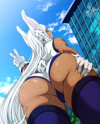 Rule 34 | 1girl, animal ears, ass, ass focus, bare shoulders, boku no hero academia, clothing cutout, cloud, cloudy sky, commentary, dark-skinned female, dark skin, english commentary, from behind, from below, fur collar, gloves, hand on own thigh, hand up, highleg, highleg leotard, highres, itskawer, kawer, leotard, long eyelashes, long hair, looking at viewer, mirko, purple thighhighs, rabbit ears, rabbit girl, rabbit tail, red eyes, scratches, signature, sky, sleeveless turtleneck leotard, smile, solo, sweat, tail, tail through clothes, thick thighs, thighhighs, thighs, toned, twitter username, v, very long hair, white gloves, white hair, white leotard