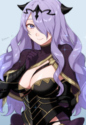 Rule 34 | 1girl, black capelet, black panties, blue background, breasts, camilla (fire emblem), capelet, cleavage, commentary request, fake horns, fire emblem, fire emblem fates, hair over one eye, hand up, highres, horns, index finger raised, large breasts, long hair, looking at viewer, nintendo, panties, peach11 01, purple eyes, purple hair, simple background, smile, solo, underwear, upper body, very long hair