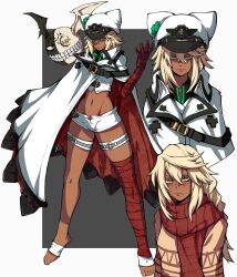 Rule 34 | 1girl, absurdres, asymmetrical legwear, bandaged arm, bandaged hand, bandaged leg, bandages, barefoot, blonde hair, breasts, cloak, clover, clover ornament, commentary, dark-skinned female, dark skin, english commentary, four-leaf clover, guilty gear, guilty gear strive, hair between eyes, hat, hat ornament, highres, kekel, long hair, looking at viewer, lucifero (guilty gear), medium breasts, medium hair, midriff, multiple views, navel, ponytail, ramlethal valentine, scarf, shaded face, short shorts, shorts, sweater, thigh strap, toes, white headwear, white shorts, yellow eyes