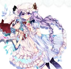 Rule 34 | 2girls, alternate costume, bad id, bad pixiv id, bat wings, blue hair, bow, braid, ginzuki ringo, hair bow, hair ribbon, holding hands, hat, highres, ice cream cone, long hair, looking at viewer, mob cap, multiple girls, open mouth, patchouli knowledge, purple eyes, purple hair, red eyes, remilia scarlet, ribbon, short hair, touhou, twin braids, wings