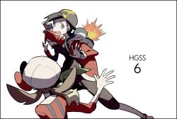 Rule 34 | 00s, 1girl, 2boys, animal, animal on head, animal on shoulder, anniversary, back, baseball cap, black border, black hair, blue eyes, border, brown hair, chikorita, copyright name, creatures (company), cyndaquil, domu (hamadura), ethan (pokemon), fire, from above, from side, game freak, gen 2 pokemon, hat, hat ribbon, highres, jacket, long sleeves, looking at another, lyra (pokemon), multiple boys, nintendo, on head, open mouth, overalls, pants, parted bangs, pokemon, pokemon (creature), pokemon hgss, red hair, ribbon, silver (pokemon), simple background, starter pokemon trio, sweatdrop, totodile, twintails, waving, white background
