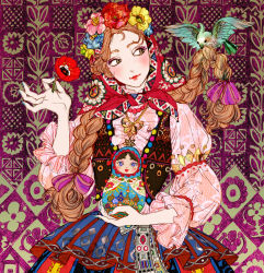 Rule 34 | 1girl, bird, blue flower, blue nails, blush, bow, braid, brown hair, closed mouth, doll, dress, eyeshadow, flower, freckles, green eyes, hair bow, head scarf, holding, holding doll, holding flower, lipstick, long hair, long sleeves, looking to the side, makeup, matryoshka doll, micho, multicolored clothes, multicolored dress, nail polish, original, patterned background, pink bow, poppy (flower), puffy sleeves, red flower, red lips, russian clothes, slavic clothes, solo, twin braids, wreath, yellow flower