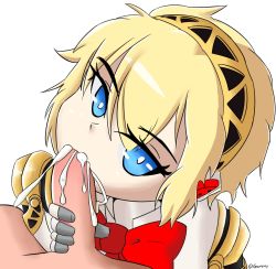 Rule 34 | 1girl, aegis (persona), blonde hair, blue eyes, bow, close-up, cum, cum in mouth, fellatio, gammy, head tilt, hetero, highres, looking at viewer, oral, persona, persona 3, pov, red bow, robot, solo focus, white background
